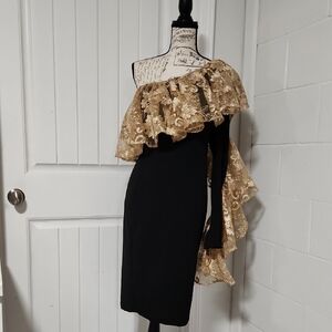 Akira Elegant Black and Gold One-Shoulder Dress